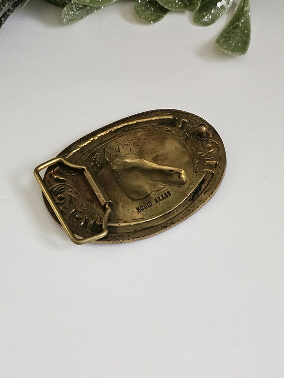 Vintage Western Brass horse belt buckle - Gold br… - image 5