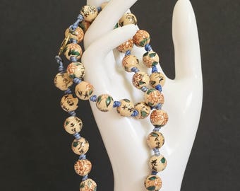 Vintage Chinese export Porcelain Beaded Necklace Chinese Symbol hand knotted