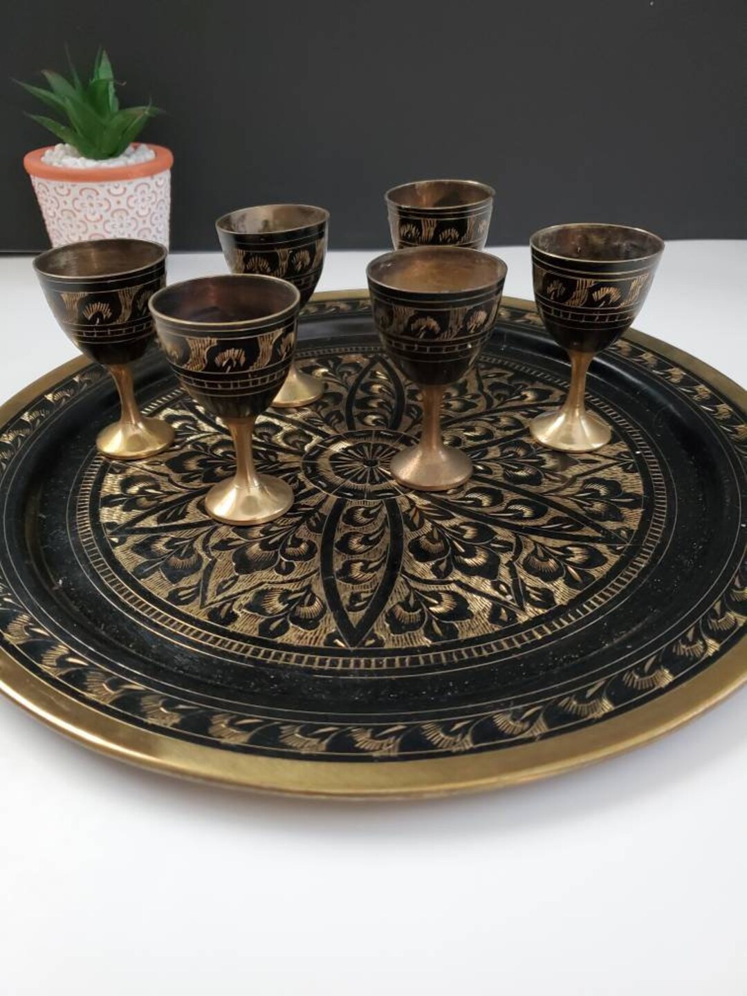 Vintage Etched Brass Tray With Goblets Middle Eastern Round Brass