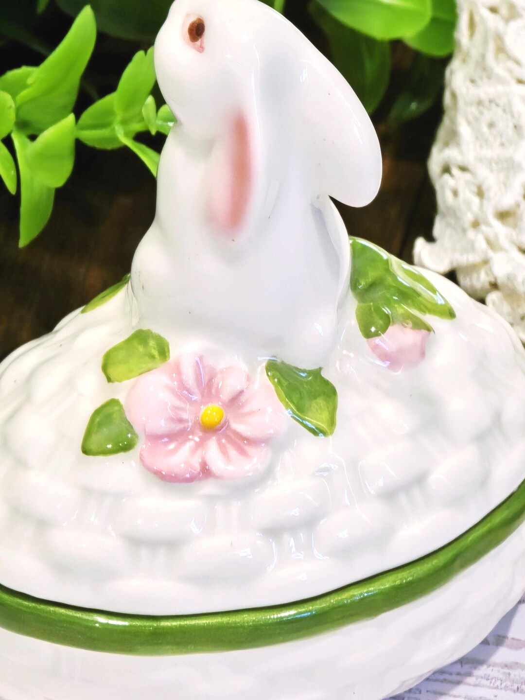 Vintage Rabbit on Basket Trinket Dish - Ceramic Bunny Rabbit Floral ...