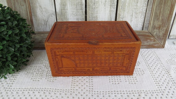 Vintage Tooled Leather Jewelry Box Case - Aztec To