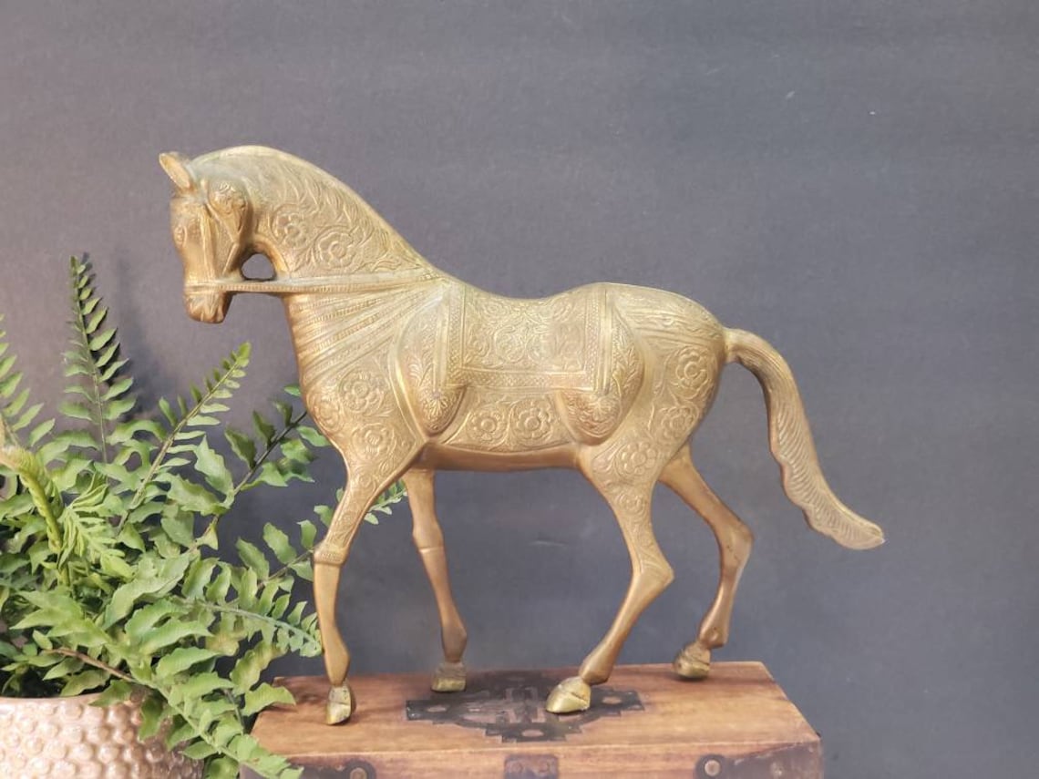 Vintage Large Ornate Brass Horse Statue Ornately Decorated Etsy