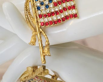 Vintage Rafaelian American Flag Rhinestone Brooch Red White and Blue Patriotic Jewelry