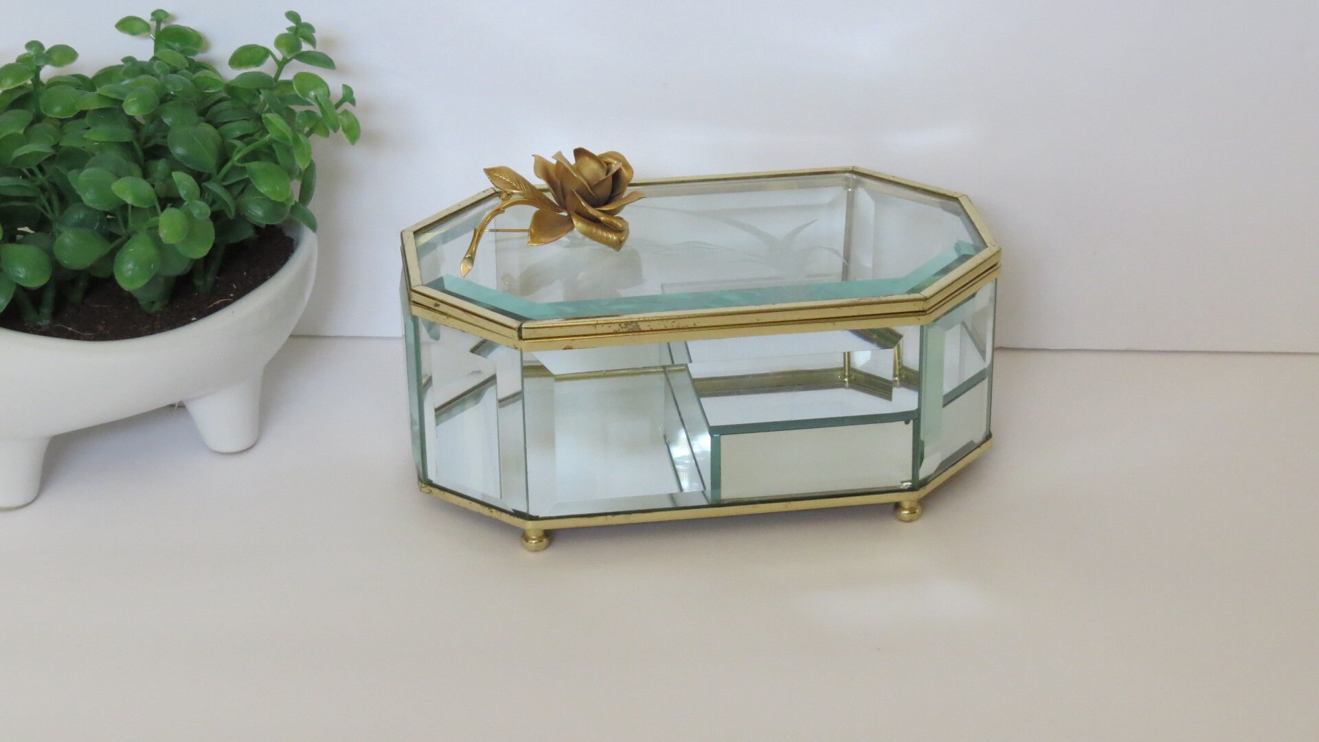 Vintage Etched Glass Jewelry Box Music Box Brass Glass Etsy