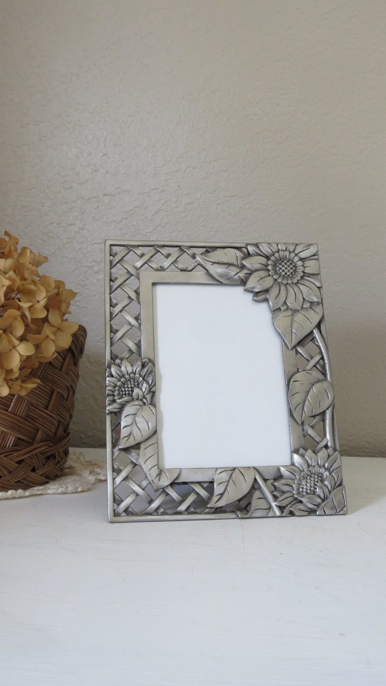 Charming Floral Picture Frame with Sunflowers Metal Pewter