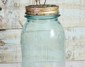 Ball Perfect Mason Jar Aqua # 10 Glass Flower Vase with flower frog Country decor vintage farmhouse