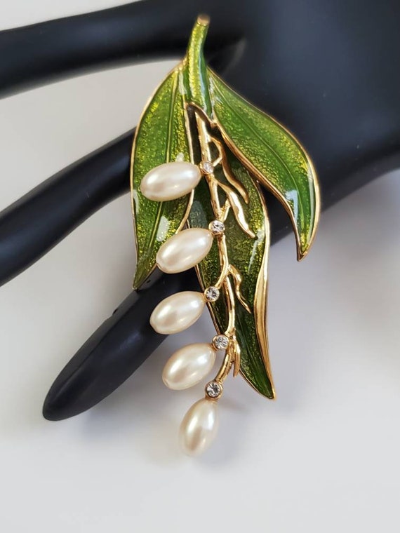 Vintage Monet Enamel Lily of the Valley Pearl Bro… - image 2