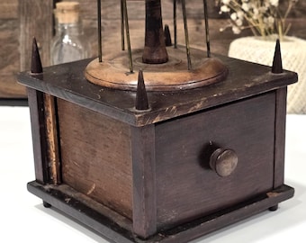 Antique 1900's Wood Thread Spool holder pincushion with sewing drawer - Victorian Sewing Wood spool  with pincushion. READ Description.