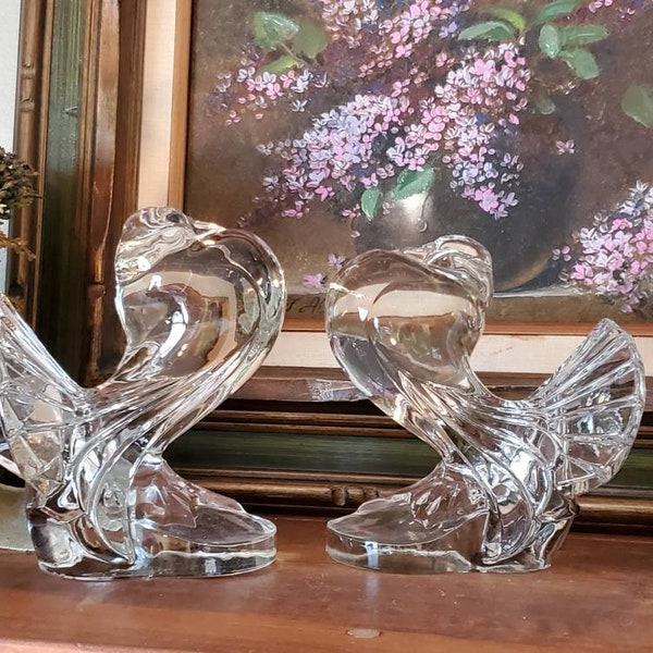 Vintage Art Deco Crystal Pouter Pigeon Bookends Paden City Glass 1940's - Bird Bookends