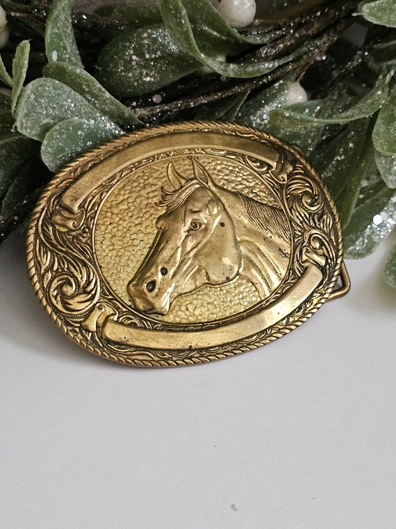 Vintage Western Brass horse belt buckle - Gold br… - image 2