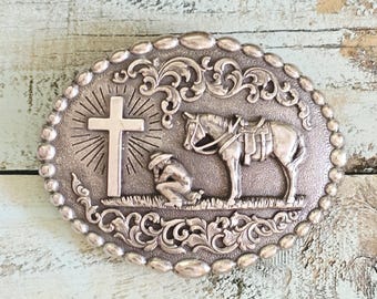 Vintage Silver Western Cowboy Belt Buckle Cowboy Prayer - Nocona Western Buckle