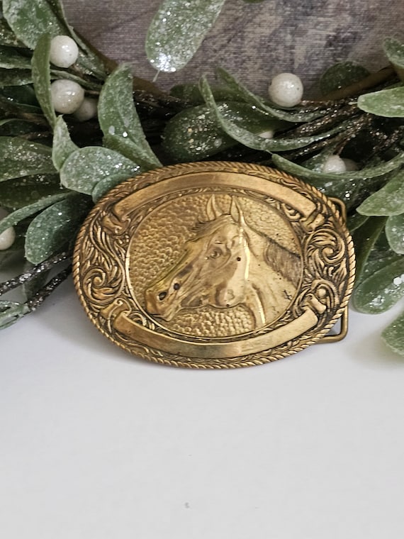 Vintage Western Brass horse belt buckle Gold brass … Gem