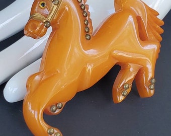 Vintage Large Bakelite Horse Brooch Art Deco Butterscotch Bakelite Carved Horse Galloping Rare 1930's