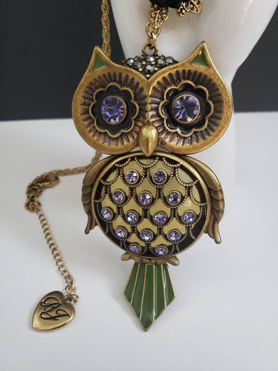Betsy Johnson Articulated Owl Necklace Purple Rhi… - image 2