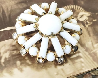 60's Atomic Milk Glass Brooch Retro Starburst