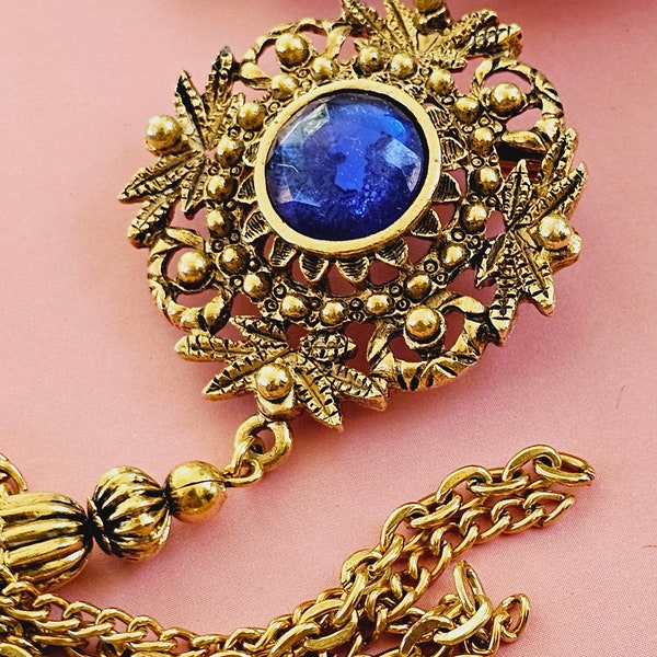 Vintage Victorian Revival Gold Tassel brooch Ornate blue stone Unsigned Florenza ?