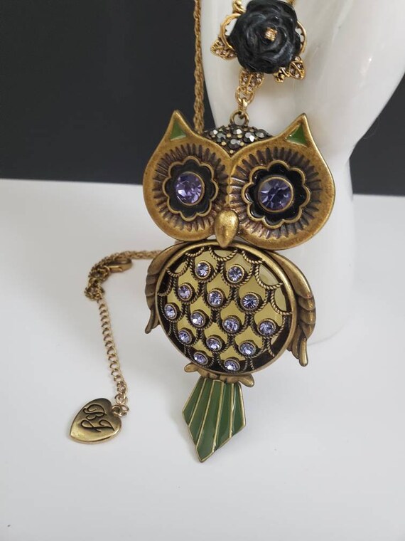 Betsy Johnson Articulated Owl Necklace Purple Rhi… - image 6