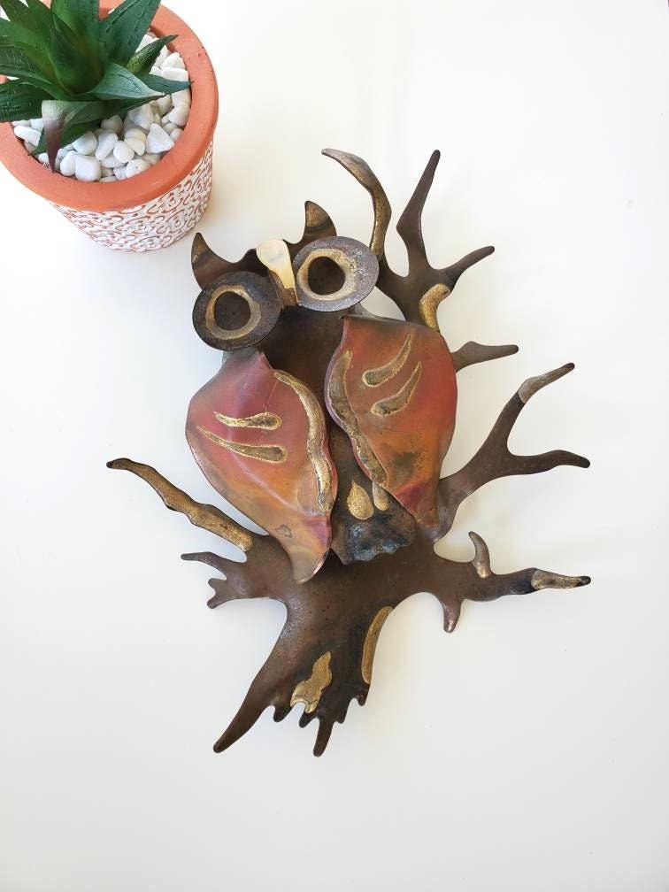Mid century modern Wall Owl Sculpture Brutalist Copper metal art Owl Jere style - MCM Home decor