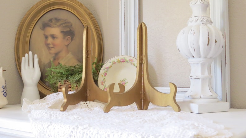 Hollywood Regency Folding Wood Easel Photo Easel Plate Stand Vintage Gold tone Easel Display Stands