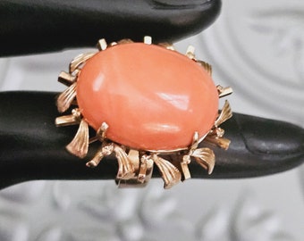 Vintage 14k Gold Coral Ring Large - 14k Yellow Gold Coral Cocktail Ring Statement
