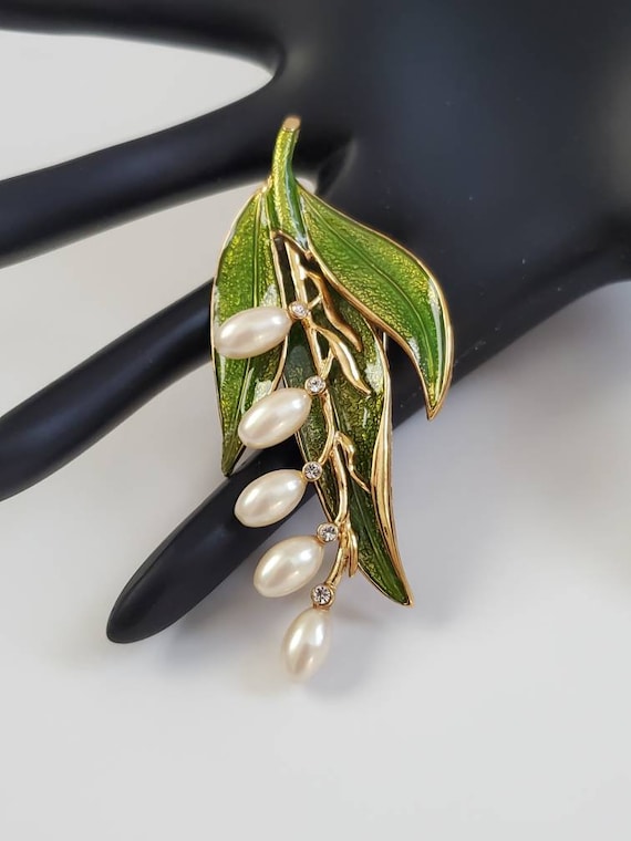 Vintage Monet Enamel Lily of the Valley Pearl Bro… - image 1