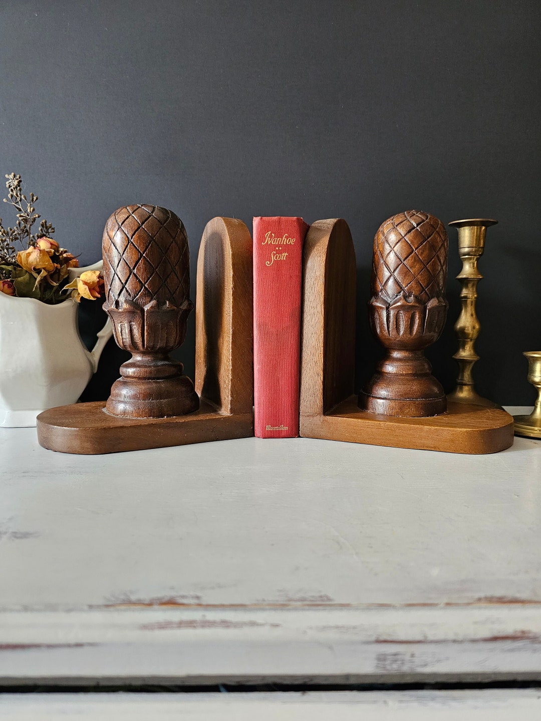 Vintage Wood Pineapple Bookends MCM - Wood Carved Pineapple - Boho Home ...