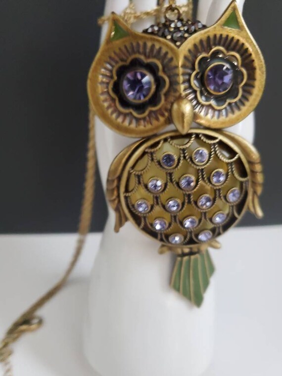 Betsy Johnson Articulated Owl Necklace Purple Rhi… - image 3