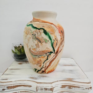 Vintage Nemadji Pottery Vase Indian Pottery signed Orange green Swirl Vase Vessel Southwestern design