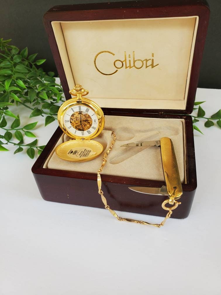 Men s Colibri Gold Pocket Watch and Knife Set Etsy