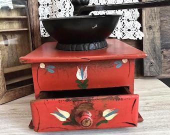 Vintage Olde Thompson Wood Coffee Grinder Primitive Folk Art - Wood Cast Iron Coffee Mill Dutch Amish