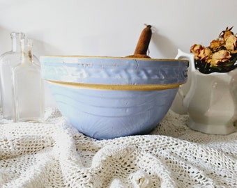 Vintage Stoneware Crock Bowl Pie crust Trim Blue Glazed Farmhouse Kitchen Antique Shoulder bowl