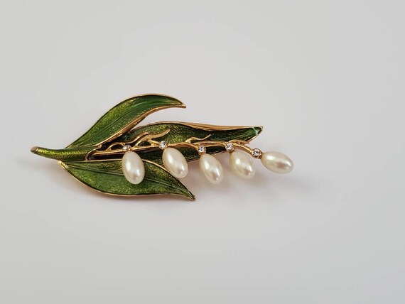 Vintage Monet Enamel Lily of the Valley Pearl Bro… - image 8