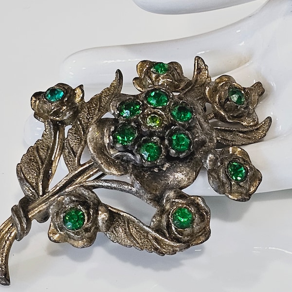 Vintage 1930's Art Nouveau Rhinestone Flower Brooch Signed Little NEMO pot metal Green Rhinestone brooch