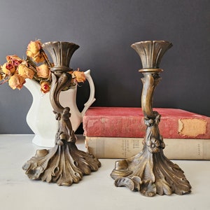 Antique Pair Art Nouveau Bronze Candlesticks Ornate Design French ?- Victorian Bronze Candlestick Holders Rococo