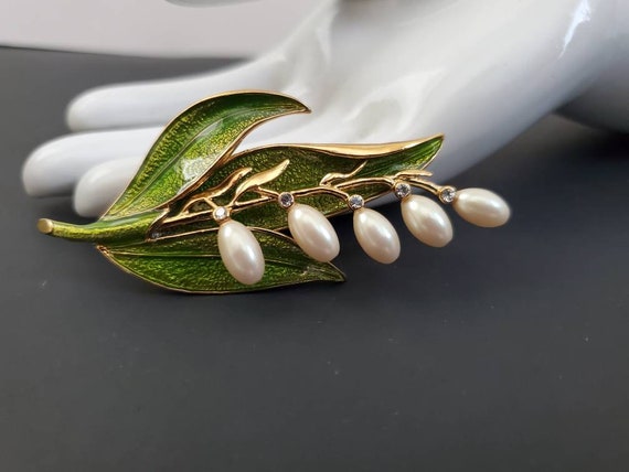 Vintage Monet Enamel Lily of the Valley Pearl Bro… - image 5