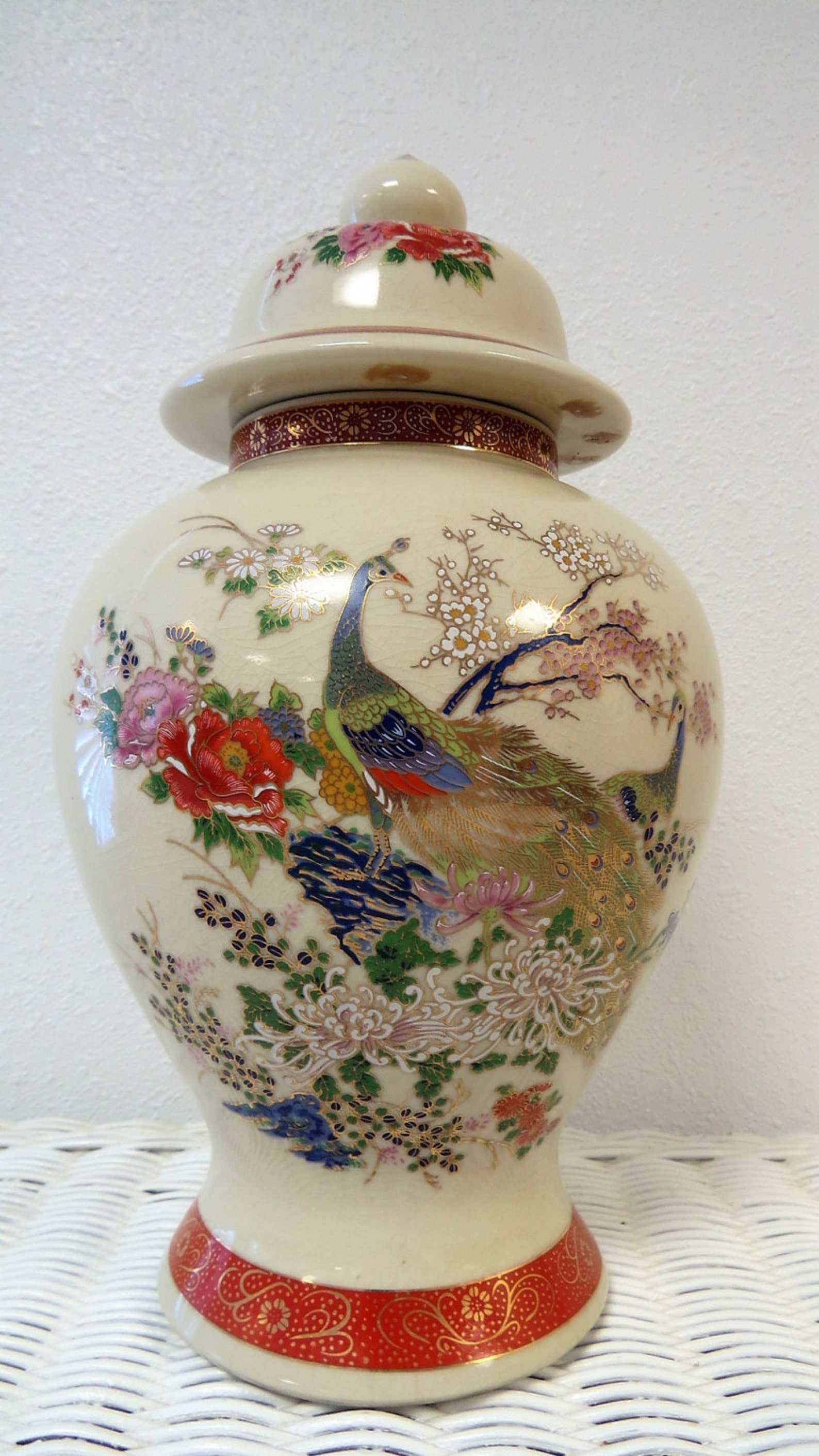 Satsuma Ginger Jar Asian Vase Peacock Oriental Decor Etsy