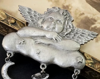 Spoontiques pewter cherub brooch Celestial Moon Stars