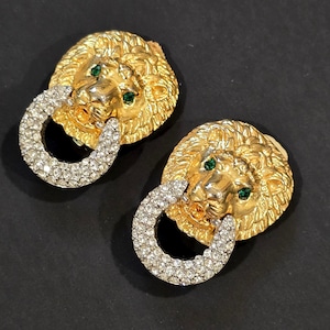 KJL by KENNETH J LANE Crystal Lions Head Doorknocker Earrings Signed