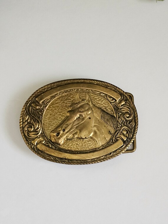 Vintage Western Brass horse belt buckle - Gold br… - image 3