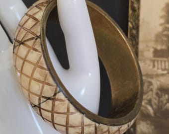 Vintage Carved Bone Brass Bangle Bracelet 70's Boho Jewelry