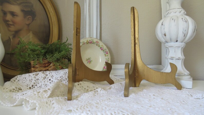 Hollywood Regency Folding Wood Easel Photo Easel Plate Stand Vintage Gold tone Easel Display Stands
