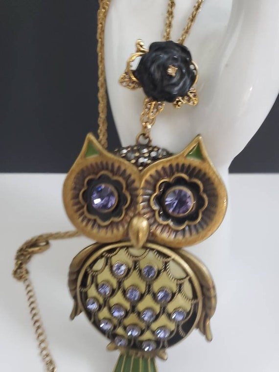 Betsy Johnson Articulated Owl Necklace Purple Rhi… - image 7