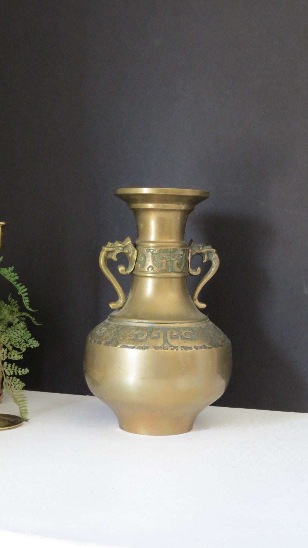 Vintage Asian Brass Vase Urn Heavy Brass Oriental Vase Pot Etsy