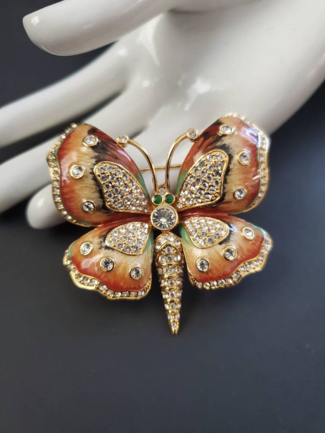 KJL Butterfly Brooch Gold Rhinestone Signed Jay Lane Luna