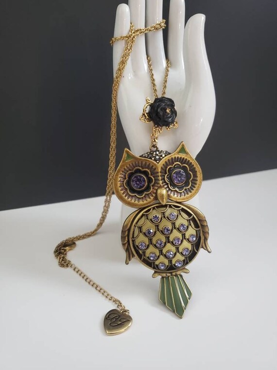 Betsy Johnson Articulated Owl Necklace Purple Rhi… - image 4