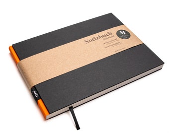 Handmade A5 sketchbook, landscape format, made from 100% recycled paper "BerlinBook" - Orange - Black