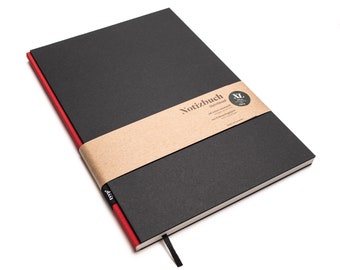 Handmade large design notebook made of 100% recycled paper "BerlinBook" - Red / Black