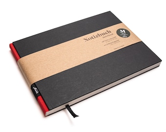 Handmade A5 sketchbook, landscape format, made from 100% recycled paper "BerlinBook" - Red - Black
