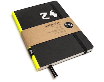 Sustainable pocket calendar 2024 made from 100% recycled paper "Design Kalender" neon yellow - black