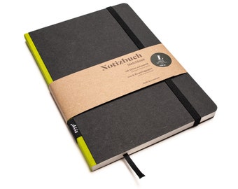 Handgemachtes Design-Notizbuch A5 aus 100 % Recyclingpapier „Klassik“ - Limette Grün - Schwarz